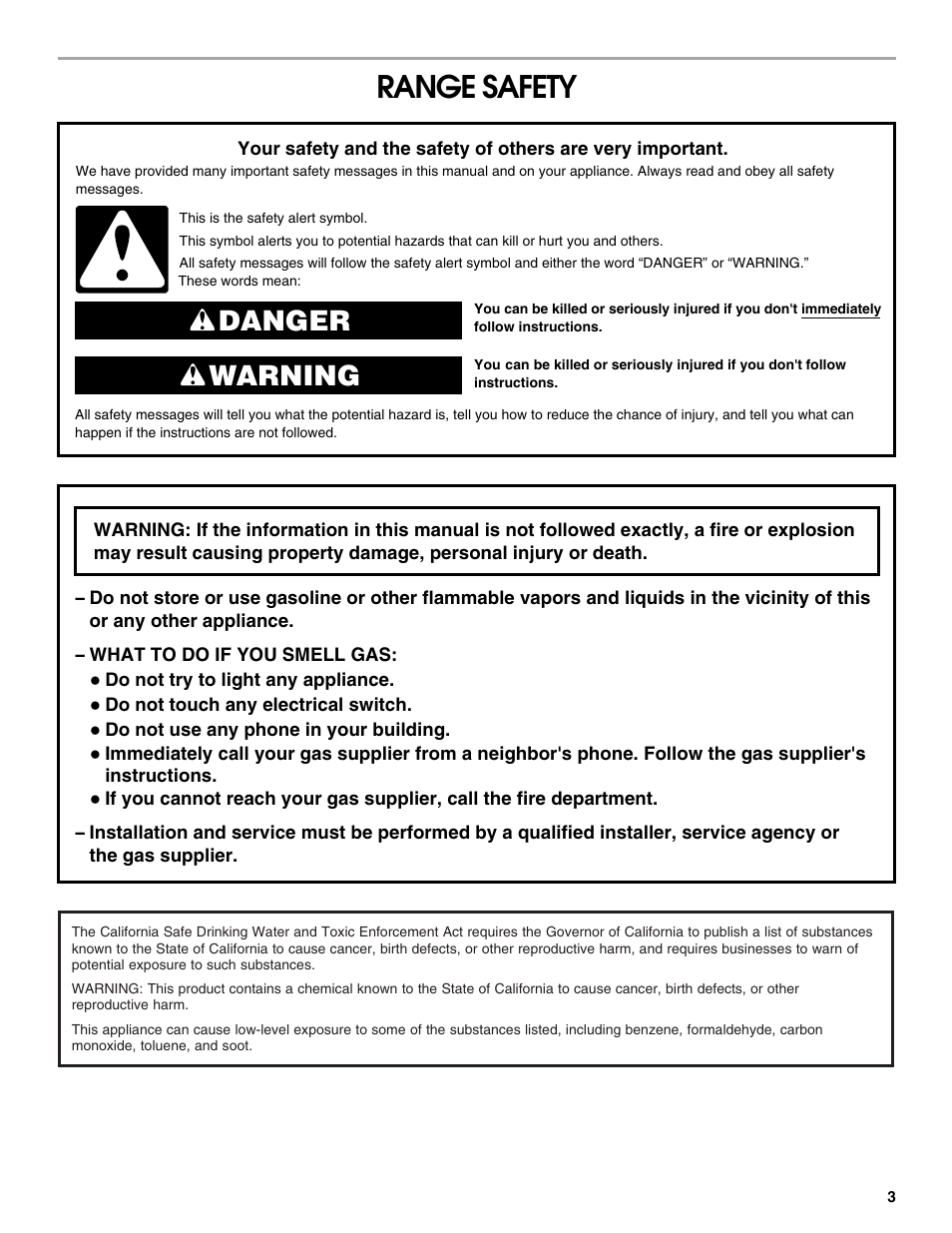 Range safety, Danger warning | Whirlpool 9762362A User Manual | Page 3 / 20