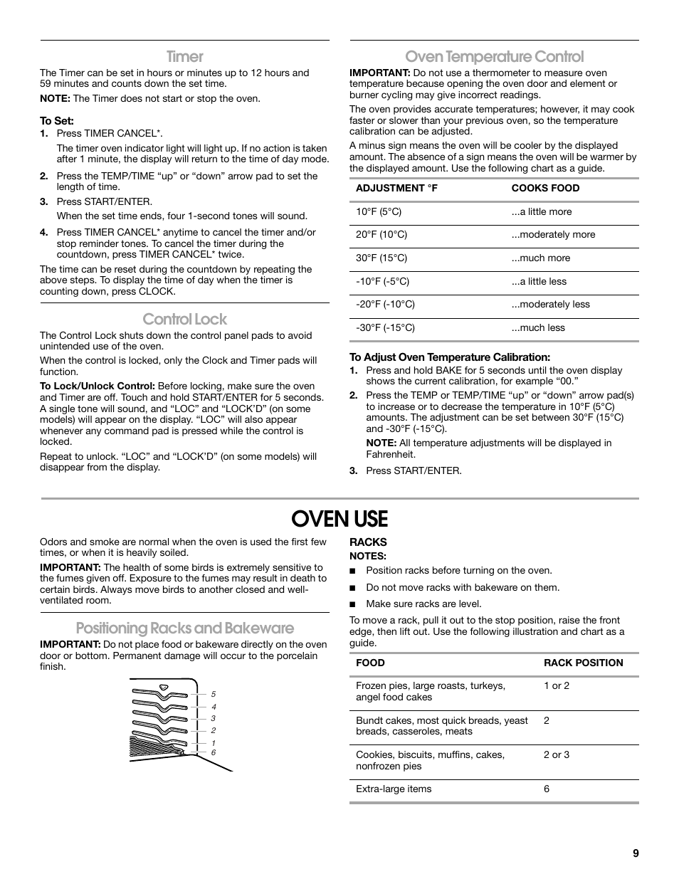 Oven use, Timer, Control lock | Oven temperature control, Positioning racks and bakeware | Whirlpool 9762362A User Manual | Page 9 / 20