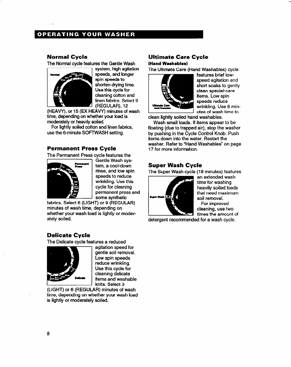 Normal cycle, Permanent press cycle, Ultimate care cycle | Super wash cycle, Delicate cycle | Whirlpool LSC9355DQ0 User Manual | Page 8 / 25