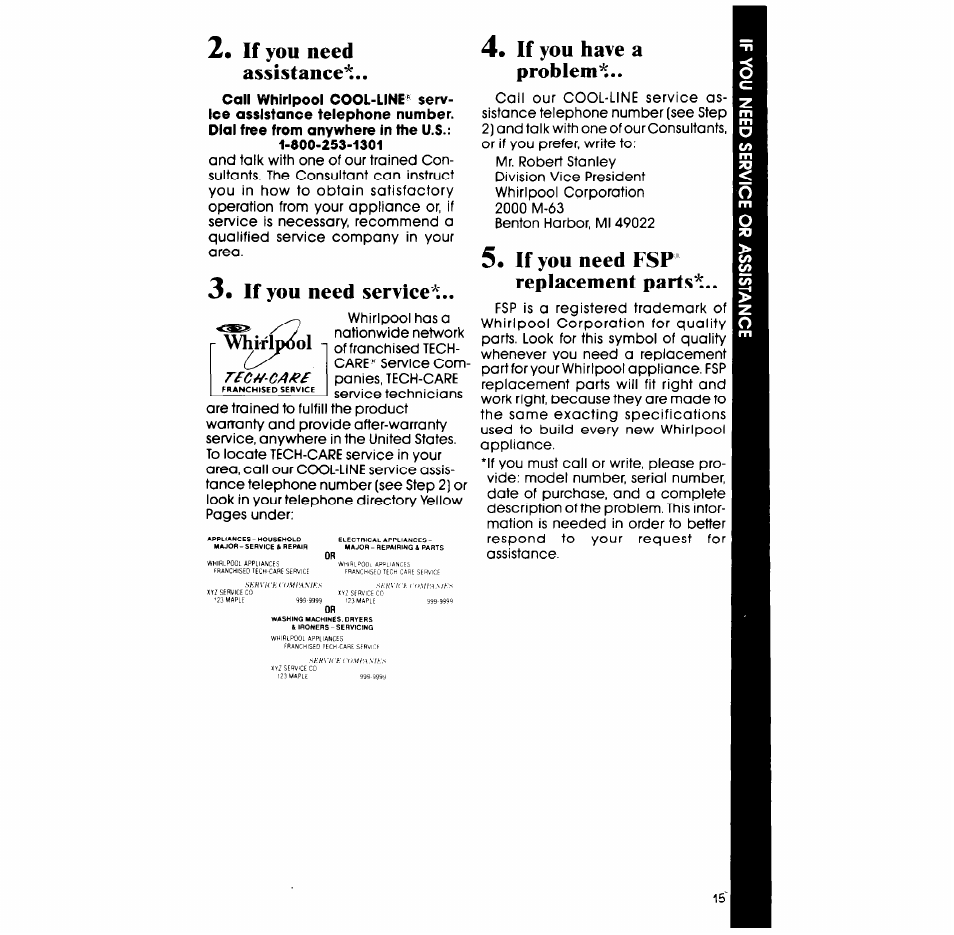 If you need assistance, If you need service, If you have a problem | 5« if you need fsp replacement parts, If you need fsp replacement parts | Whirlpool LA5300XS User Manual | Page 15 / 16