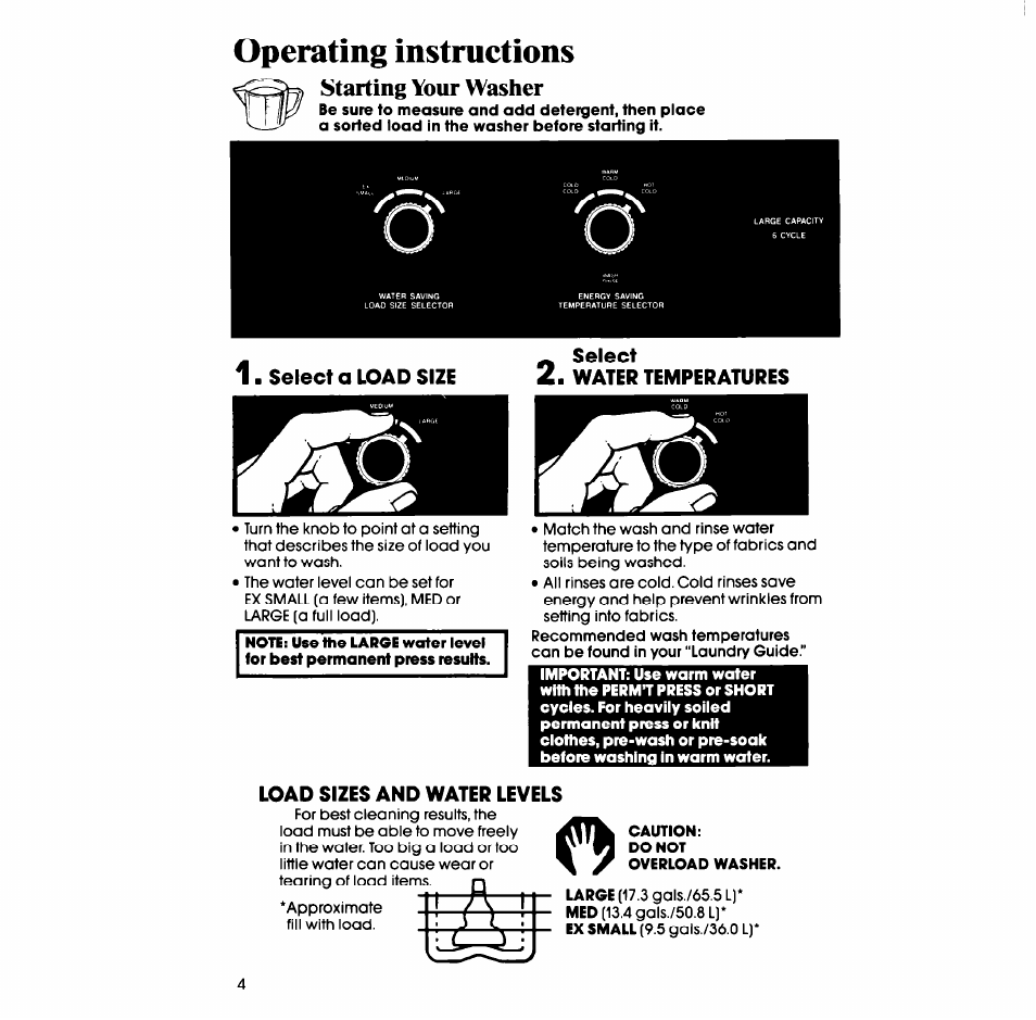 Starting your washer, Operating instructions | Whirlpool LA5300XS User Manual | Page 4 / 16