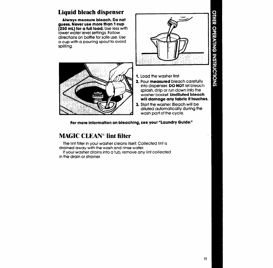 Liquid bleach dispenser, Magic clean® lint filter | Whirlpool LA6053XS User Manual | Page 11 / 16