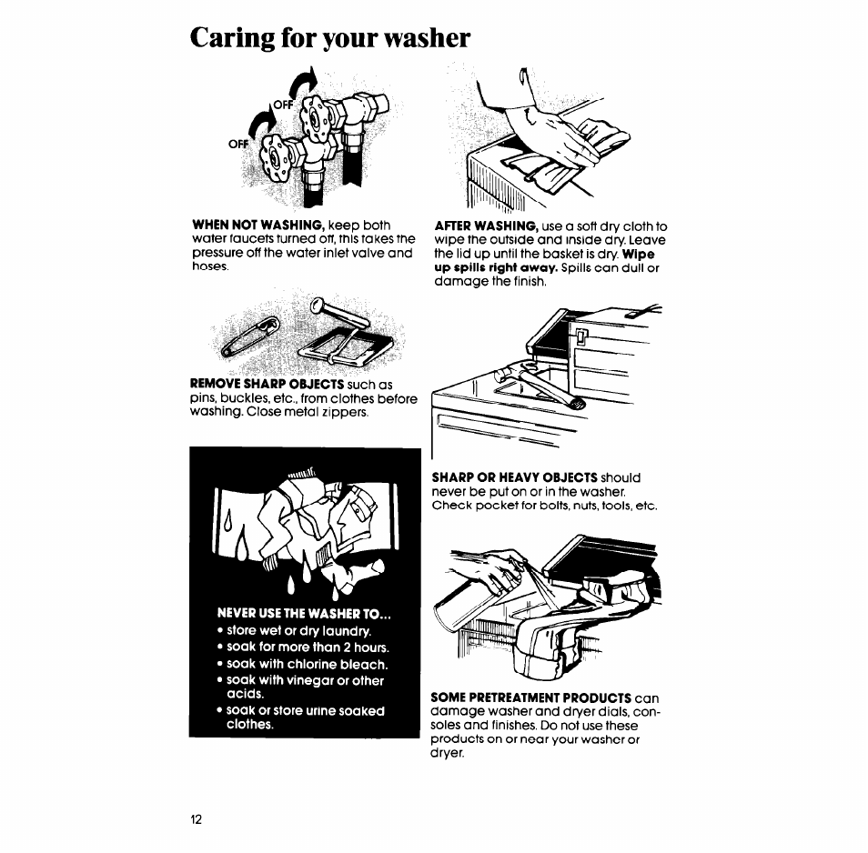 Caring for your washer | Whirlpool LA6053XS User Manual | Page 12 / 16