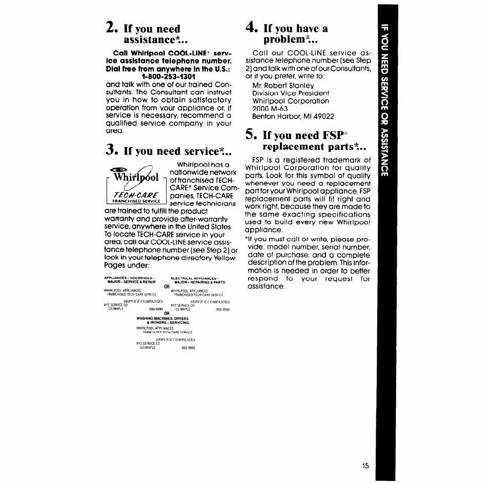 2« if you need assistanee, If you need service, If you have a problem | If you need fsp® replacement parts, If you need assistanee | Whirlpool LA6053XS User Manual | Page 15 / 16