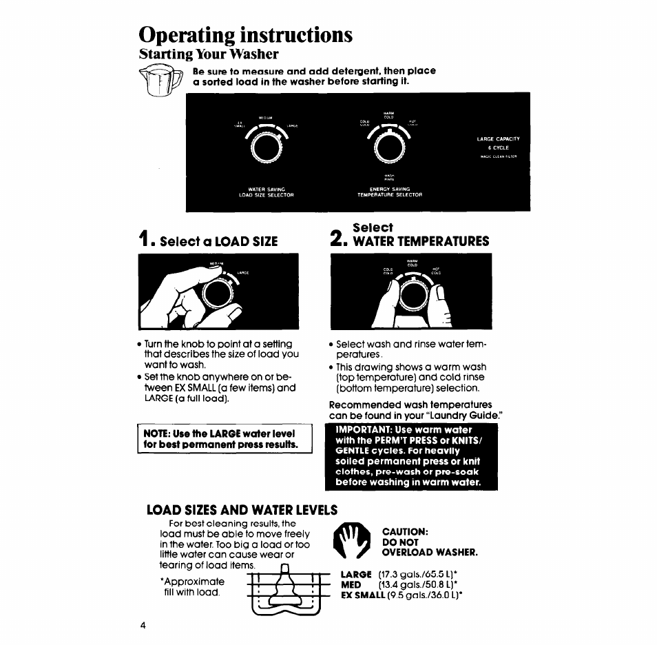 Starting your washer, Select a load size, Select | Water temperatures, Load sizes and water levels, Operating instructions | Whirlpool LA6053XS User Manual | Page 4 / 16