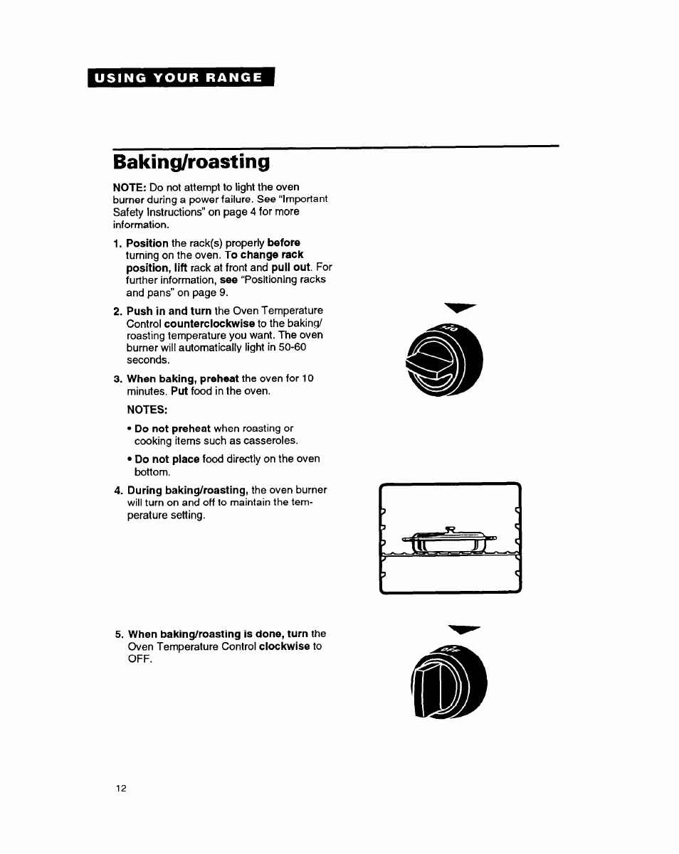 Baking/roasting, Notes, When baking/roasting is done, turn the | Whirlpool FGP335B User Manual | Page 12 / 26