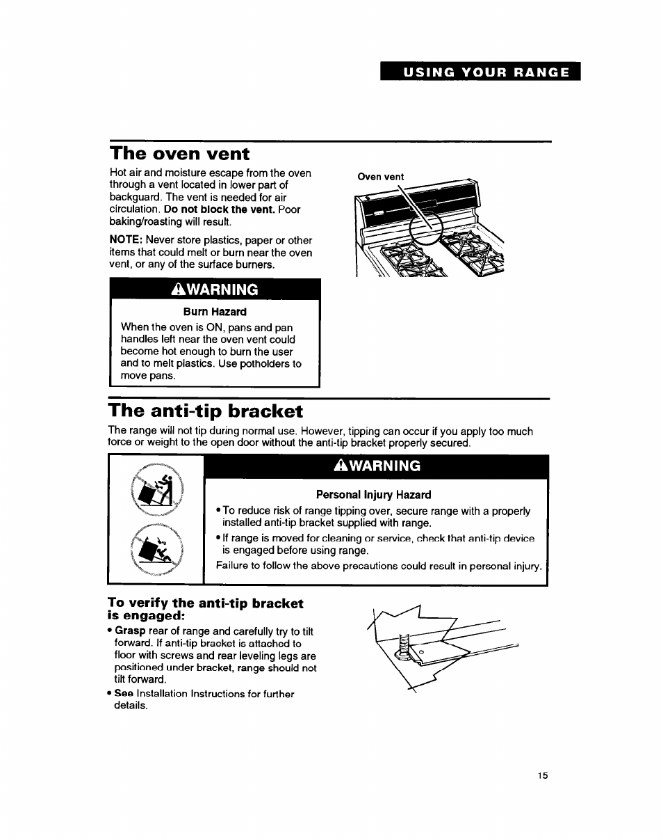 The oven vent, Burn hazard, The anti-tip bracket | To verify the anti-tip bracket is engaged | Whirlpool FGP335B User Manual | Page 15 / 26
