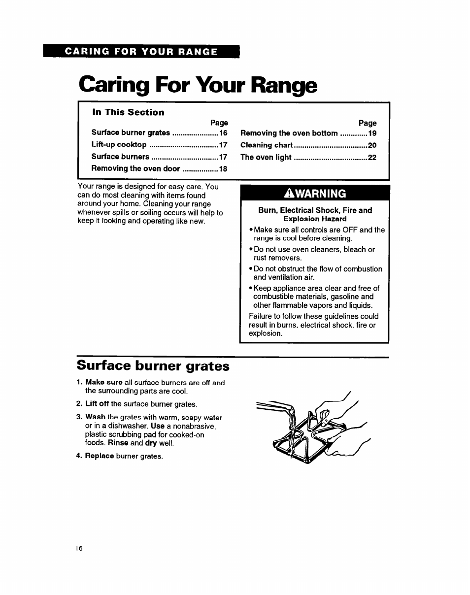 Caring for your range, Burn, electrical shock, fire and explosion hazard, Surface burner grates | Awarning | Whirlpool FGP335B User Manual | Page 16 / 26