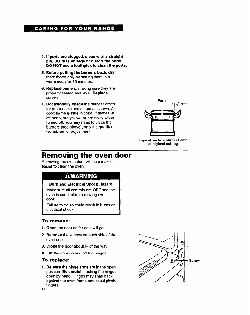 Before putting the burners back, dry, Removing the oven door, Burn and electrical shock hazard | To remove, To replace | Whirlpool FGP335B User Manual | Page 18 / 26