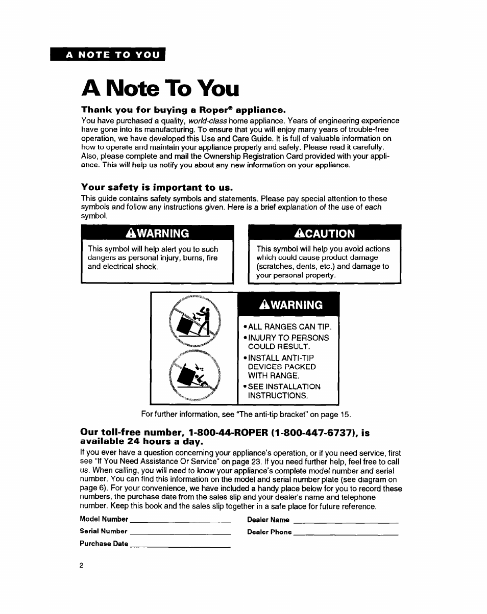 A note to you, Thank you for buying a roper* appliance, Your safety is important to us | Whirlpool FGP335B User Manual | Page 2 / 26