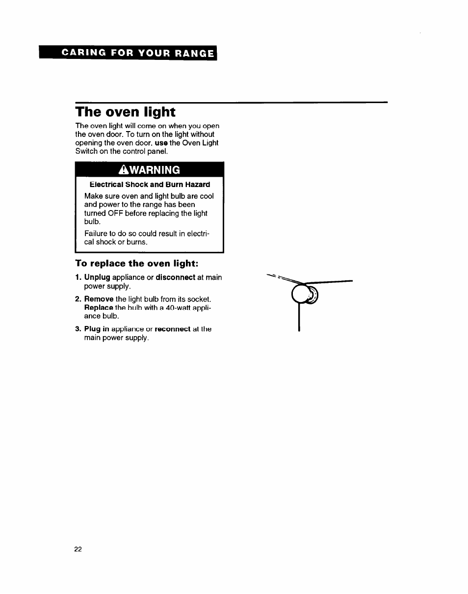 The oven light, Electrical shock and burn hazard | Whirlpool FGP335B User Manual | Page 22 / 26