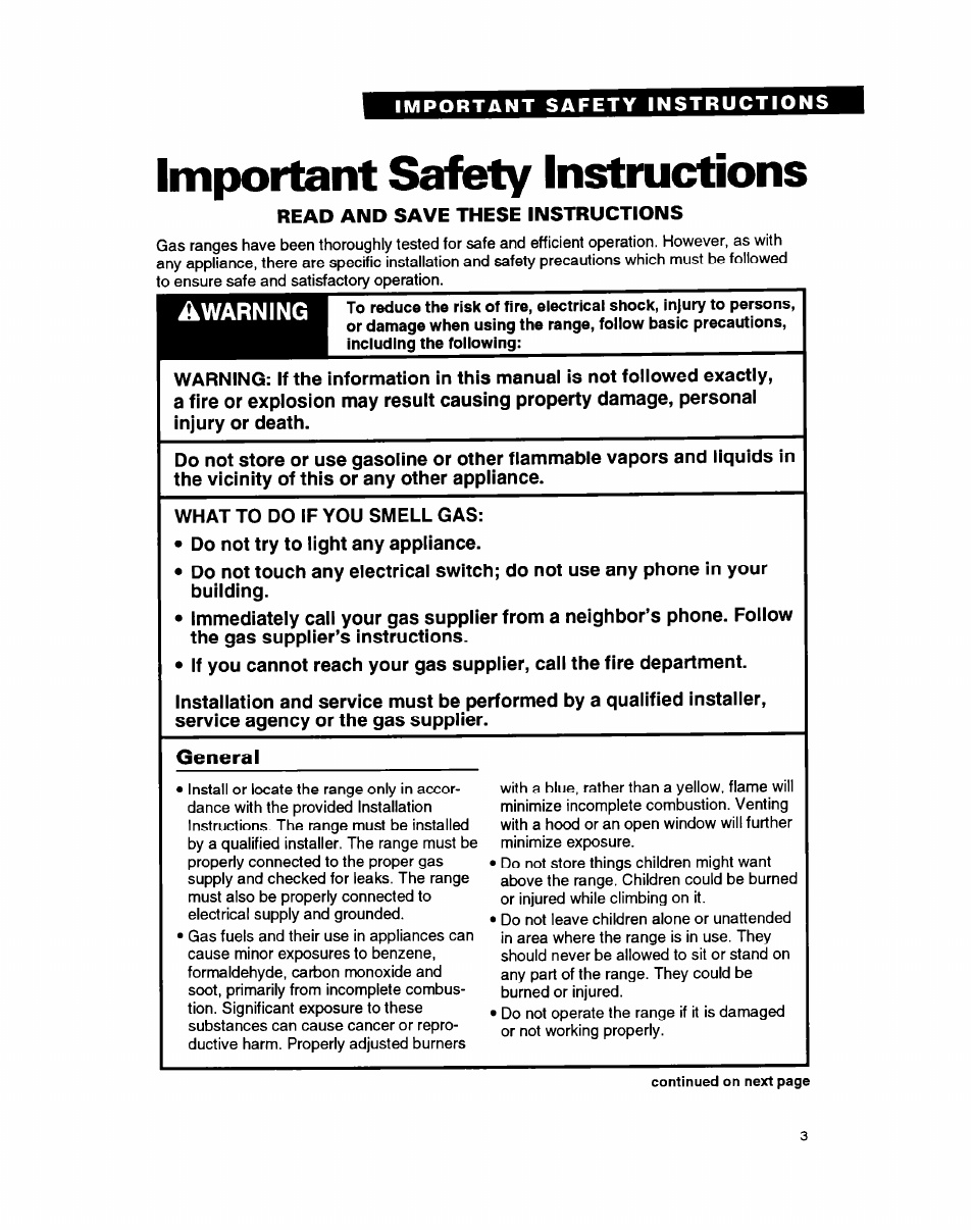 Important safety instructions, Read and save these instructions, Awarning | General | Whirlpool FGP335B User Manual | Page 3 / 26