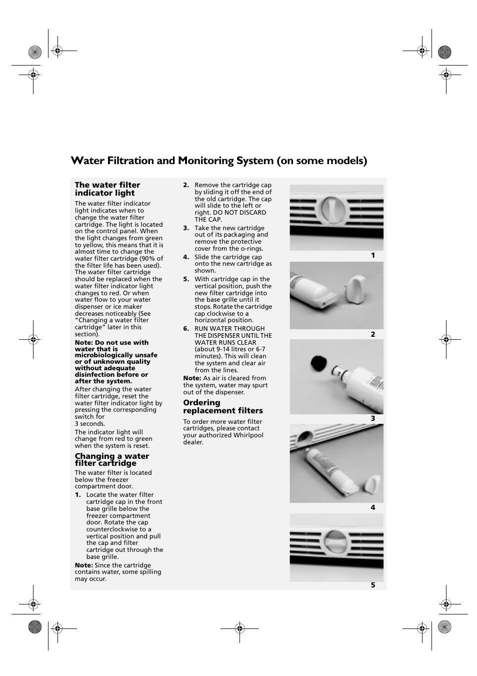 The water filter indicator light, Changing a water filter cartridge, Ordering replacement filters | Whirlpool KSDN 5061/A User Manual | Page 22 / 23