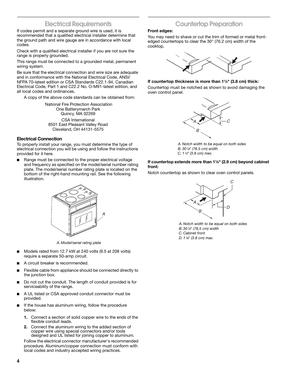 Electrical requirements, Countertop preparation | Whirlpool Drop-In Ceramic Electric Range User Manual | Page 4 / 8