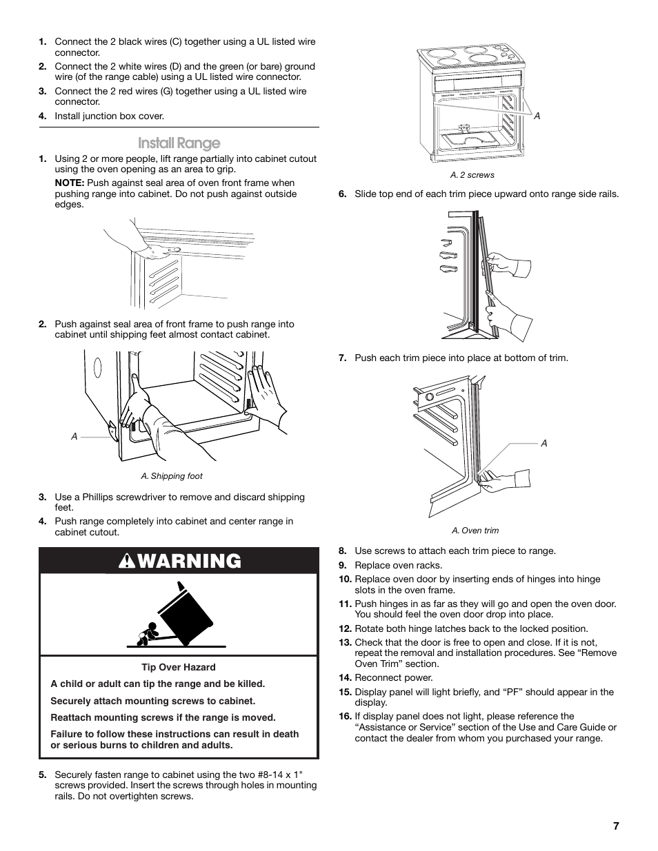 Warning, Install range | Whirlpool Drop-In Ceramic Electric Range User Manual | Page 7 / 8