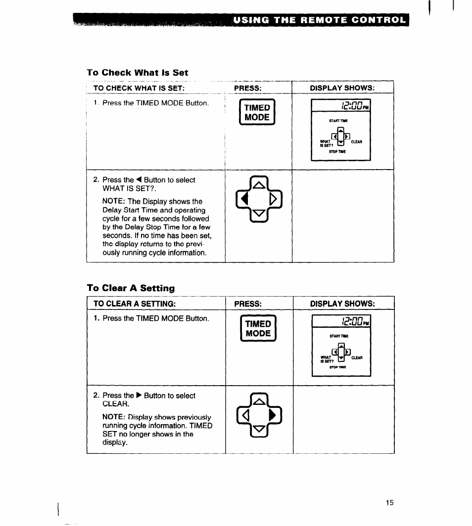 To check what is set, To clear a setting, Press | Display shows, Timed, Mode | Whirlpool 1180435-A User Manual | Page 15 / 17