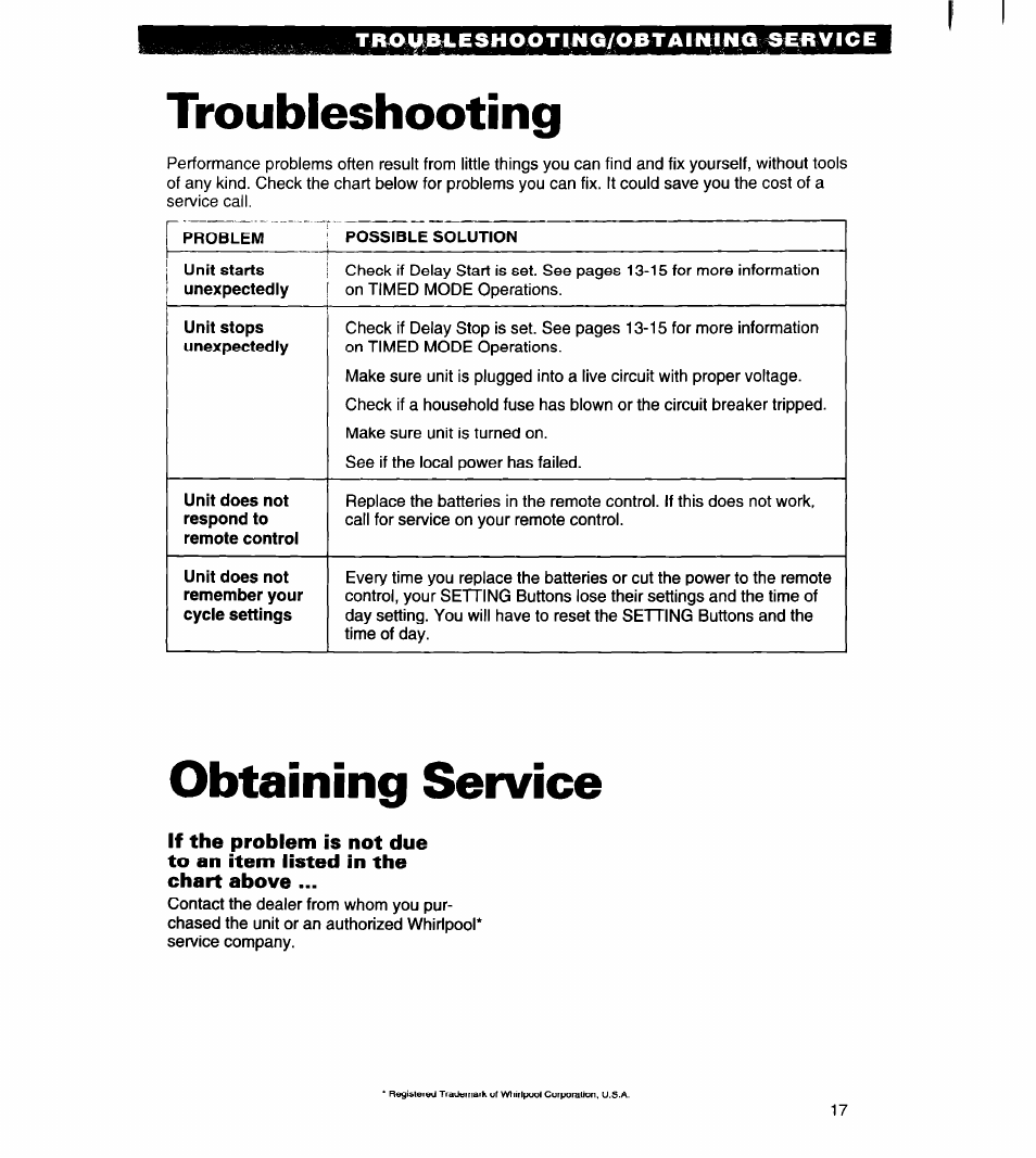 Tiuxurlesh ooting/06tainin^ se« vic e, Troubleshooting, Obtaining service | Whirlpool 1180435-A User Manual | Page 17 / 17