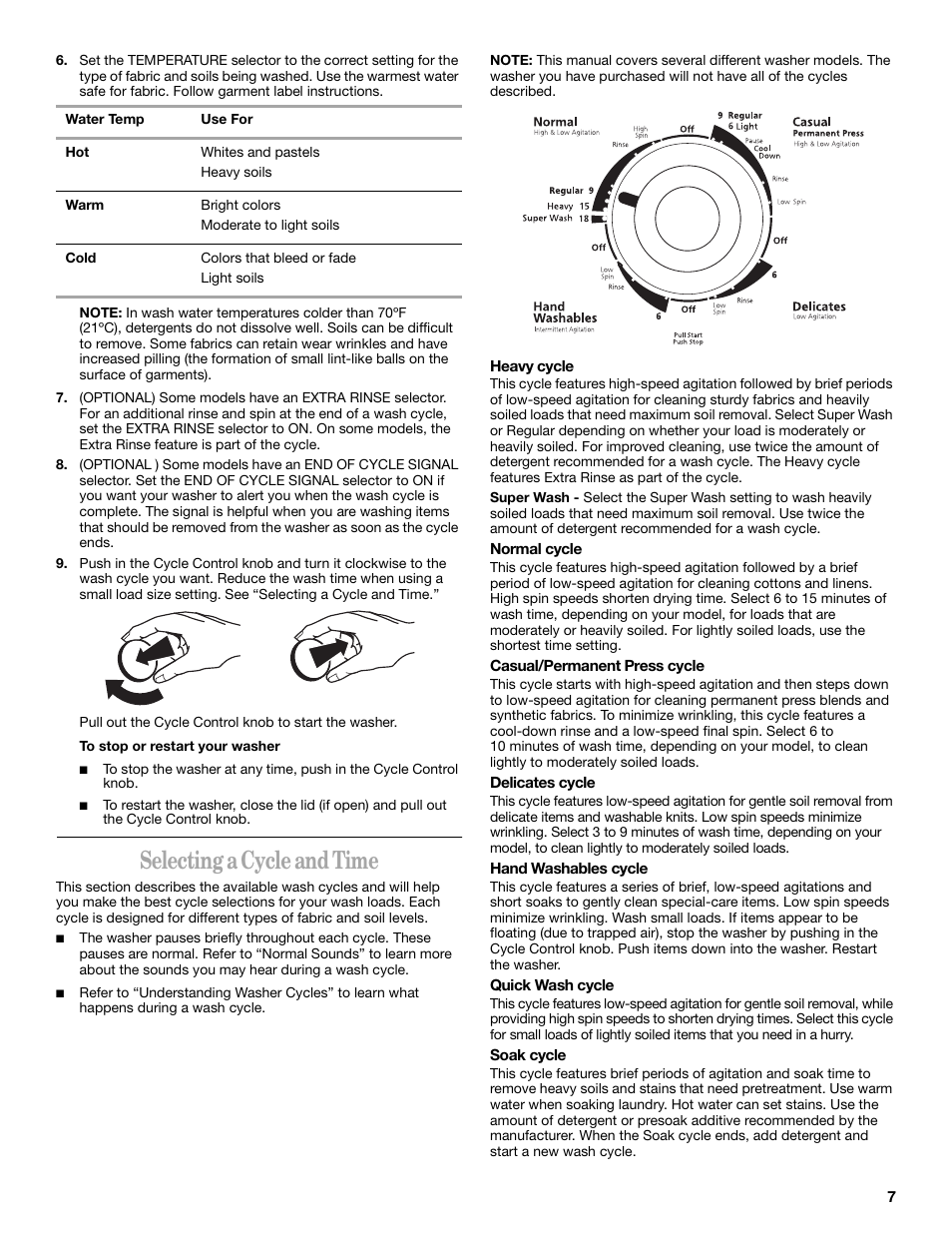 Selecting a cycle and time | Whirlpool 8539782 User Manual | Page 7 / 20