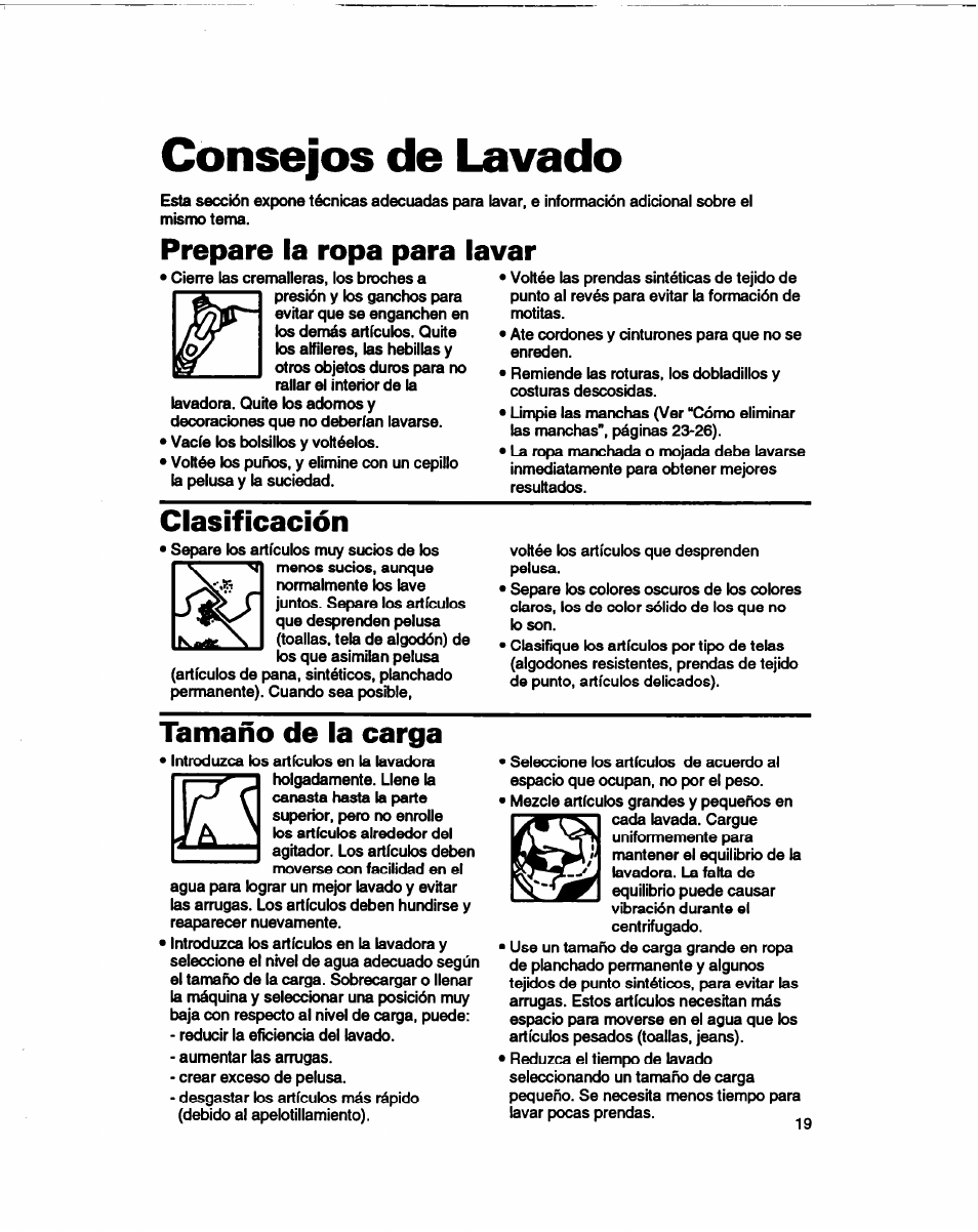 Consejos de lavado, Prepare la ropa para lavar, Clasificación | Tamaño de ia carga | Whirlpool 3366860 User Manual | Page 40 / 53