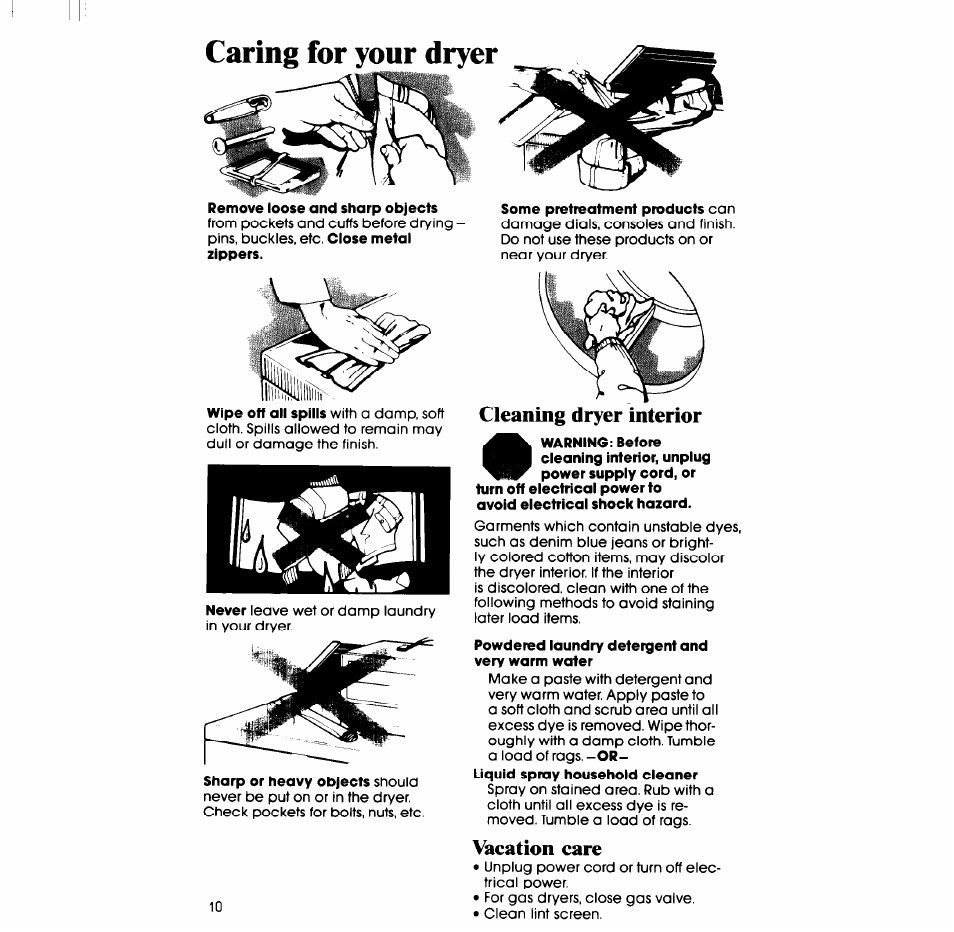 Caring for your dryer, Cleaning dryer interior, Vacation care | Whirlpool LE7OlOXP User Manual | Page 10 / 12