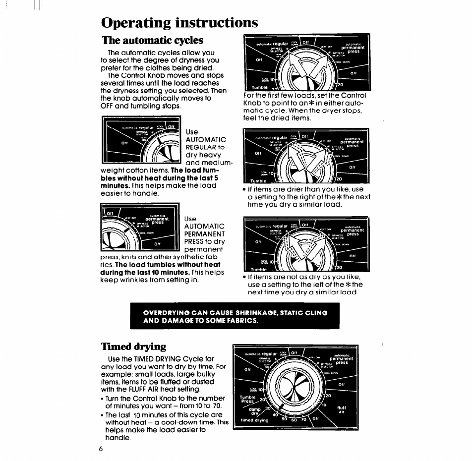 Operating instructions, The automatic cycles, Timed drying | Whirlpool LE7OlOXP User Manual | Page 6 / 12