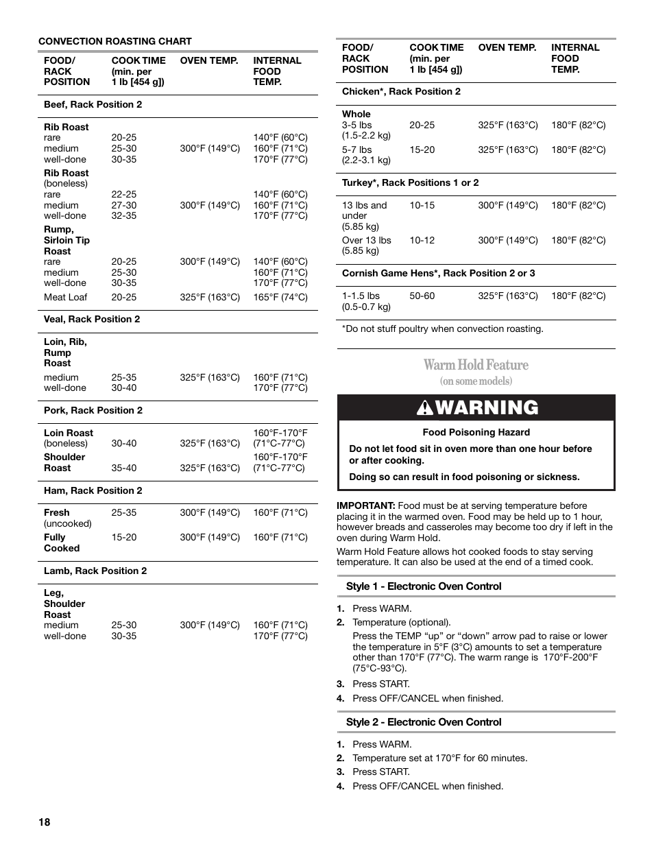 Warning, Warm hold feature | Whirlpool 9761862 User Manual | Page 18 / 28