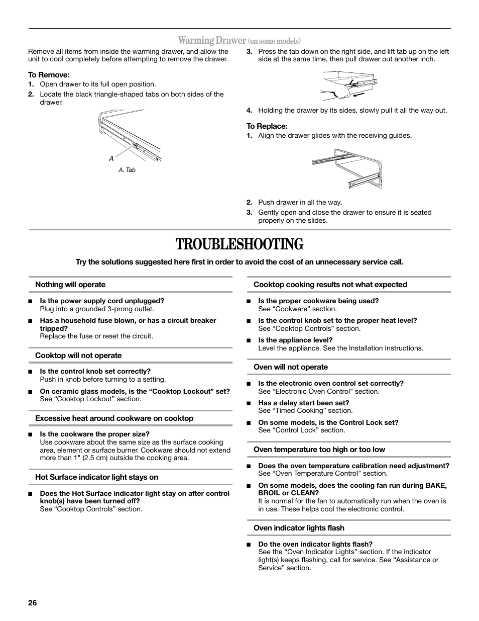 Troubleshooting, Warming drawer | Whirlpool 9761862 User Manual | Page 26 / 28