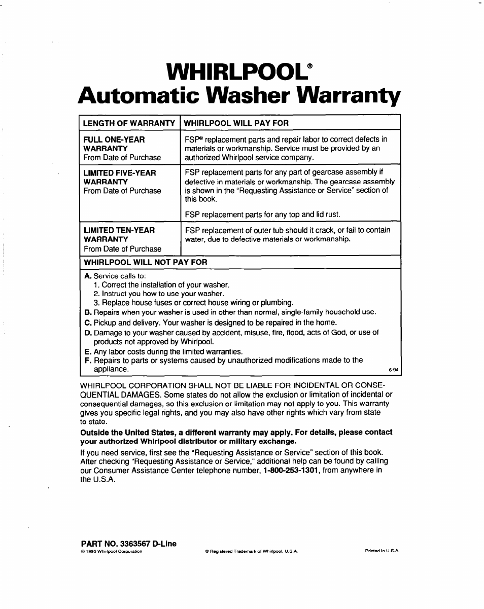 Whirlpool, Automatic washer warranty, Whirlpool^ automatic washer warranty | Whirlpool LBR6133DQ0 User Manual | Page 22 / 22