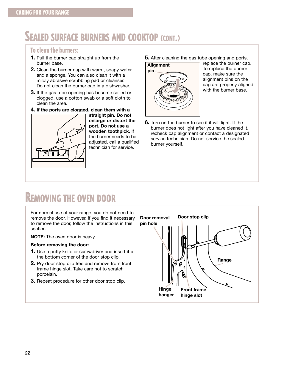 Removing the oven door, Ealed surface burners and cooktop, Emoving the oven door | Cont, Caring for your range | Whirlpool 8053373A User Manual | Page 22 / 30