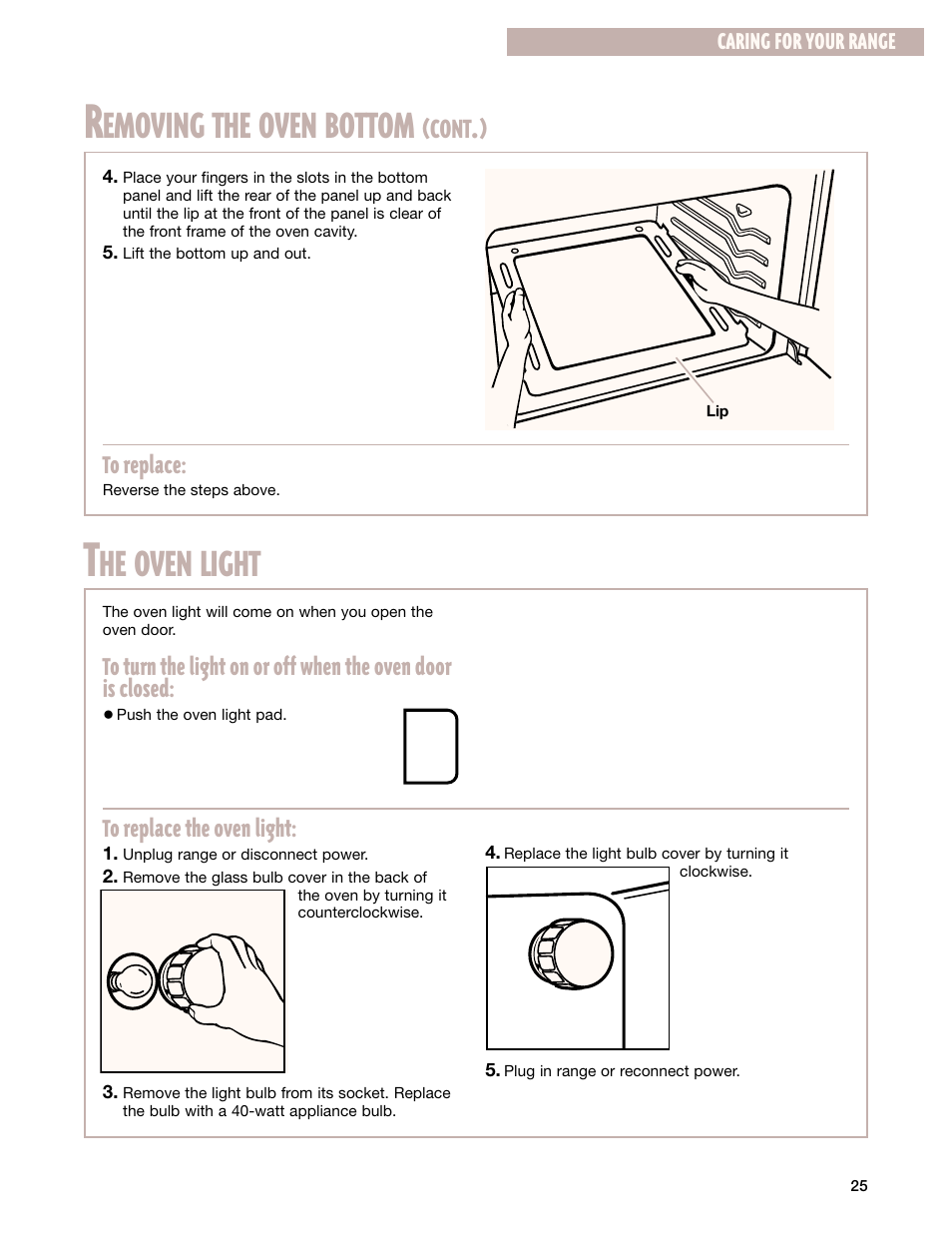 The oven light, Emoving the oven bottom, He oven light | Cont | Whirlpool 8053373A User Manual | Page 25 / 30