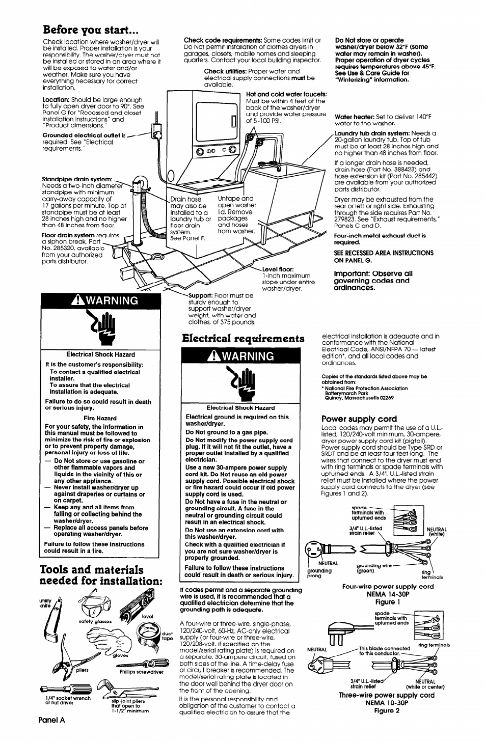 Before yott start, Electrical requirements, Tools and materials needed for installation | Electrical requirements a, Warning | Whirlpool 3397612 User Manual | Page 2 / 9
