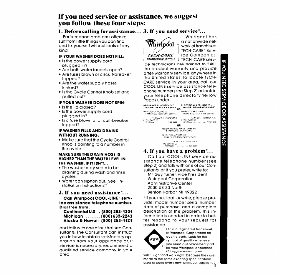 Before calling for assistance, If you need assistance, If you need service | If you have a problem | Whirlpool LA3800XM User Manual | Page 11 / 12