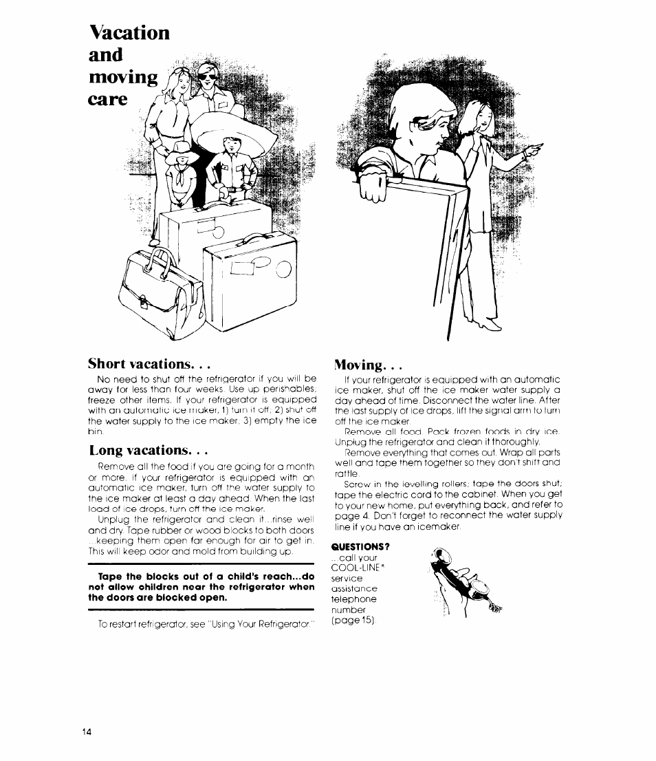 Vacation and, Moving care, Short vacations | Long vacations, Moving, Vacation and moving care | Whirlpool ET1 8MK User Manual | Page 14 / 16