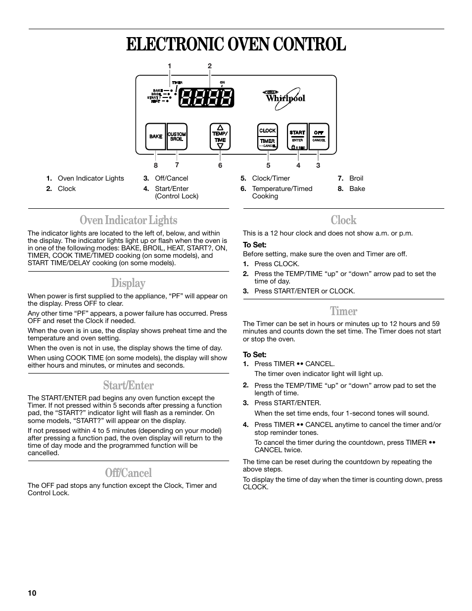 Electronic oven control, Oven indicator lights, Display | Start/enter, Off/cancel, Clock, Timer | Whirlpool 8522769 User Manual | Page 10 / 19