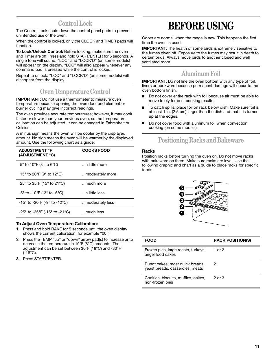 Before using, Control lock, Oven temperature control | Aluminum foil, Positioning racks and bakeware | Whirlpool 8522769 User Manual | Page 11 / 19