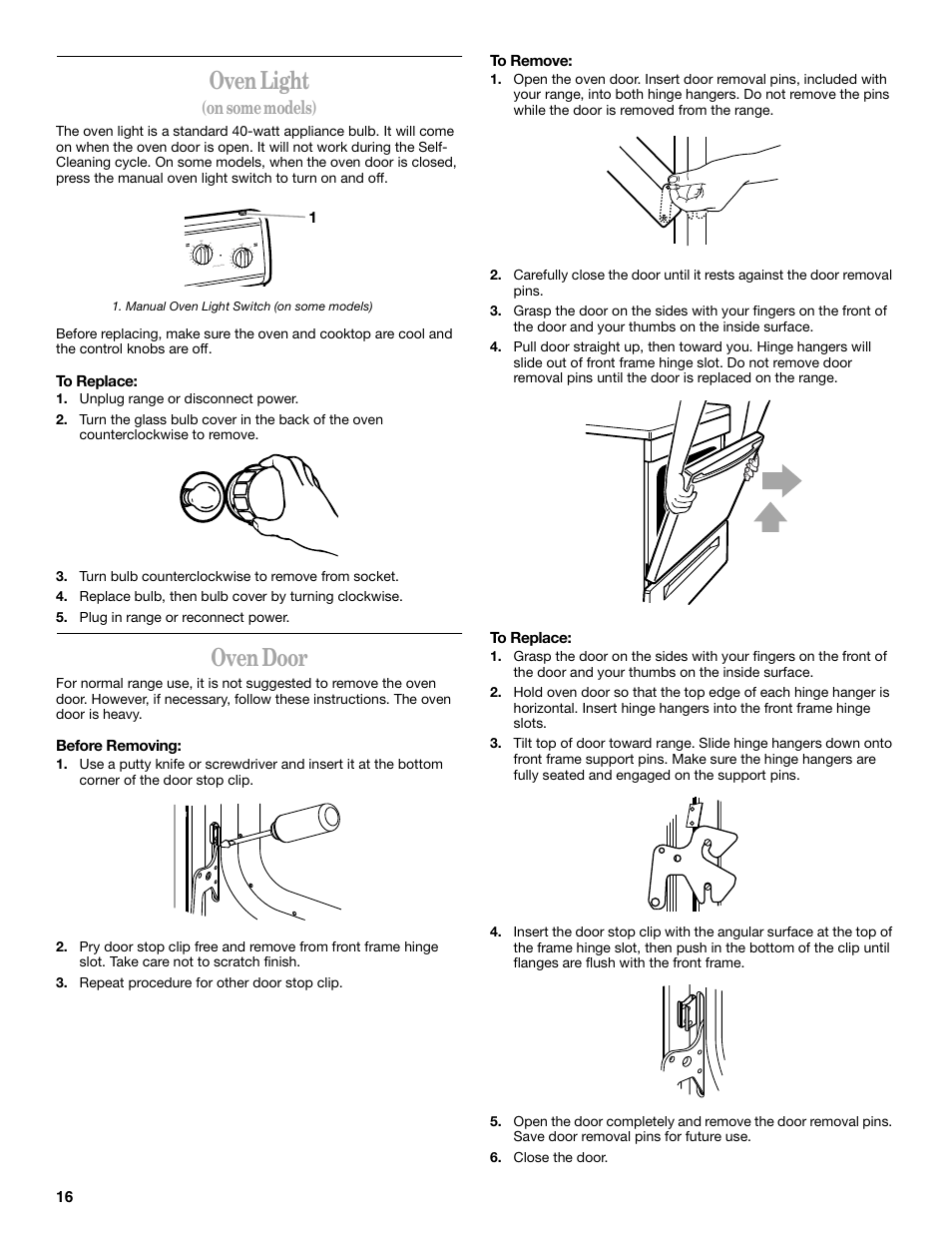 Oven light, Oven door, On some models) | Whirlpool 8522769 User Manual | Page 16 / 19