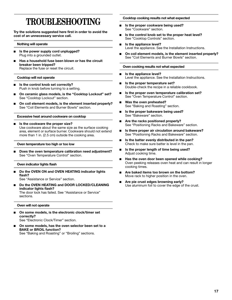 Troubleshooting | Whirlpool 8522769 User Manual | Page 17 / 19