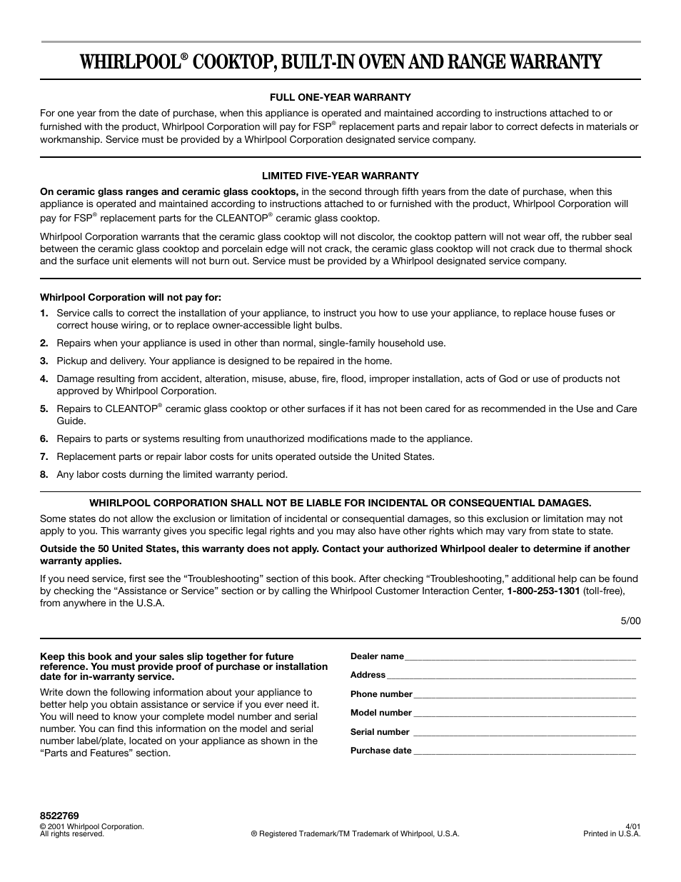 Warranty, Whirlpool, Cooktop, built-in oven and range warranty | Whirlpool 8522769 User Manual | Page 19 / 19
