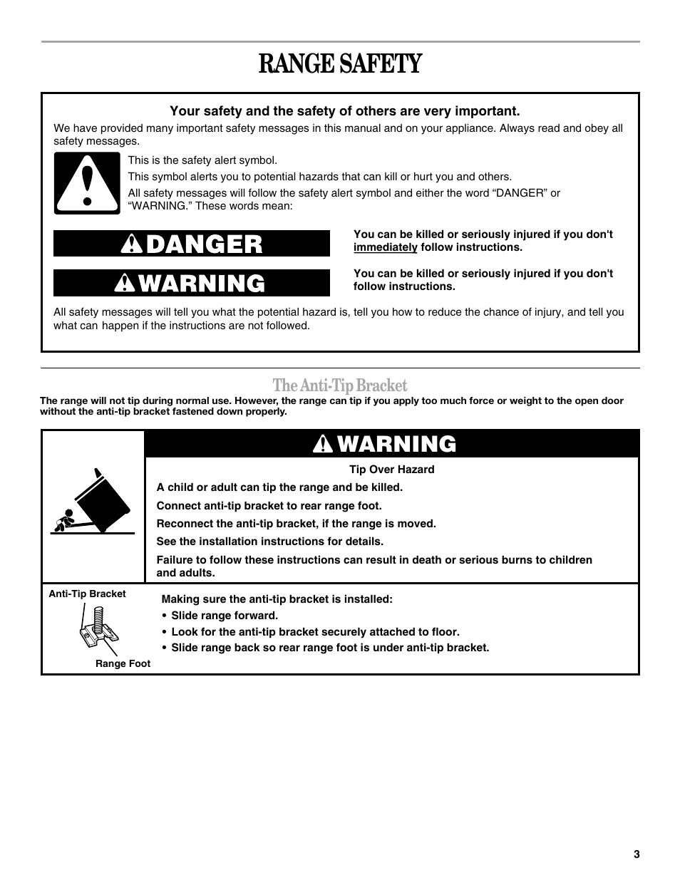 Safety, Range safety, Warning | The anti-tip bracket | Whirlpool 8522769 User Manual | Page 3 / 19