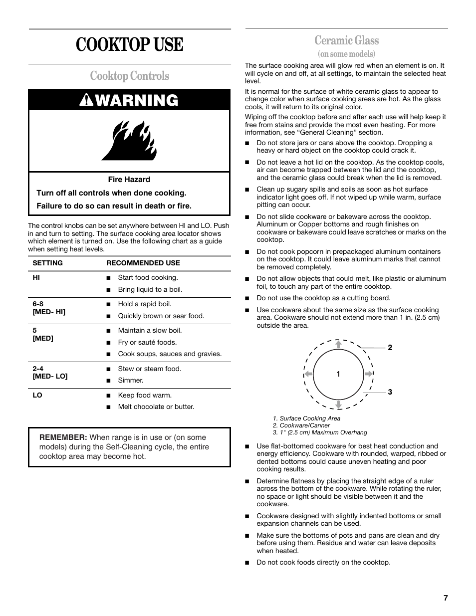 Cooktop use, Warning, Cooktop controls | Ceramic glass, On some models) | Whirlpool 8522769 User Manual | Page 7 / 19