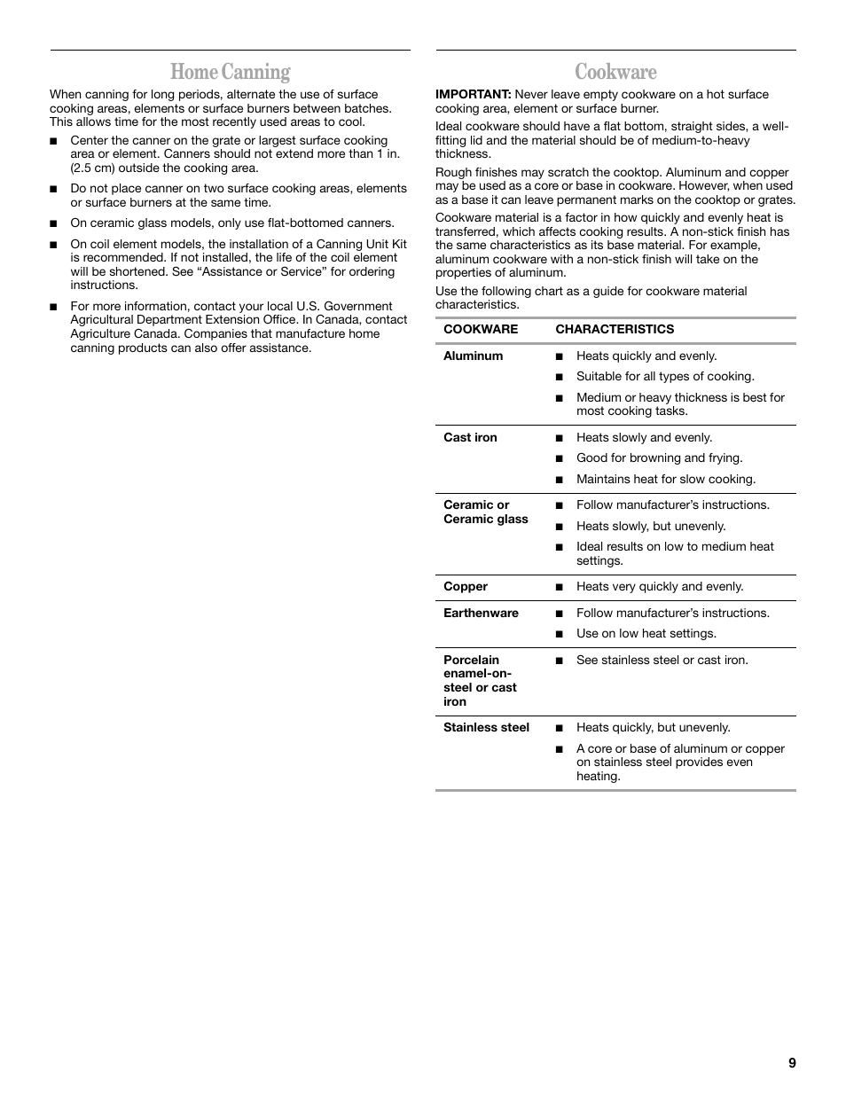 Home canning, Cookware | Whirlpool 8522769 User Manual | Page 9 / 19