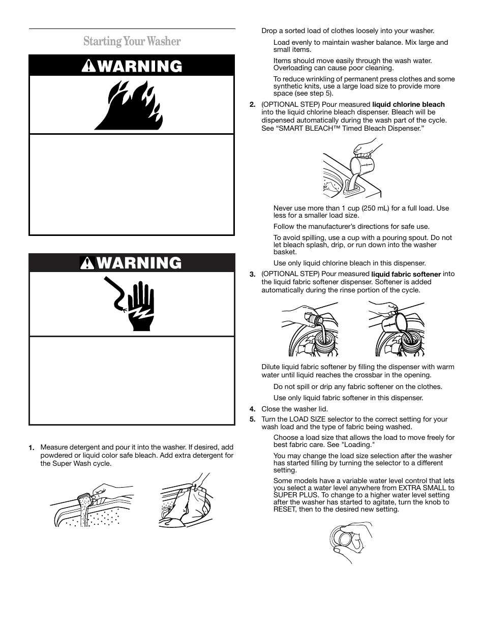 Warning, Starting your washer | Whirlpool Gold GSW9550KQ0 User Manual | Page 6 / 12