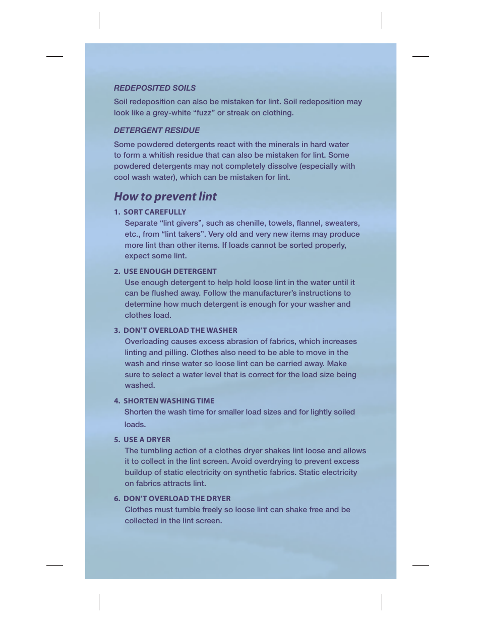 How to prevent lint | Whirlpool AMERICAN HEAVY DUTY LAUNDRY PRODUCTS W10131548B User Manual | Page 8 / 12