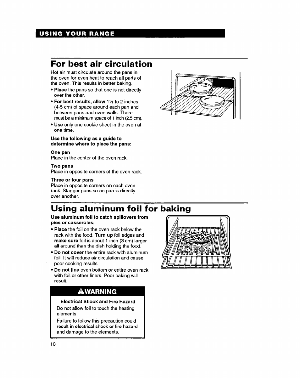 For best air circulation, Using aluminum foil for baking, For best air circuiation | Using aiuminum foii for baking, Warning | Whirlpool FEP314B User Manual | Page 10 / 28