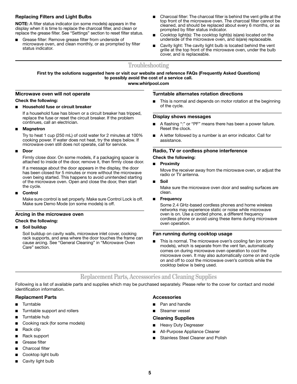 Troubleshooting | Whirlpool 461966100611 User Manual | Page 5 / 6