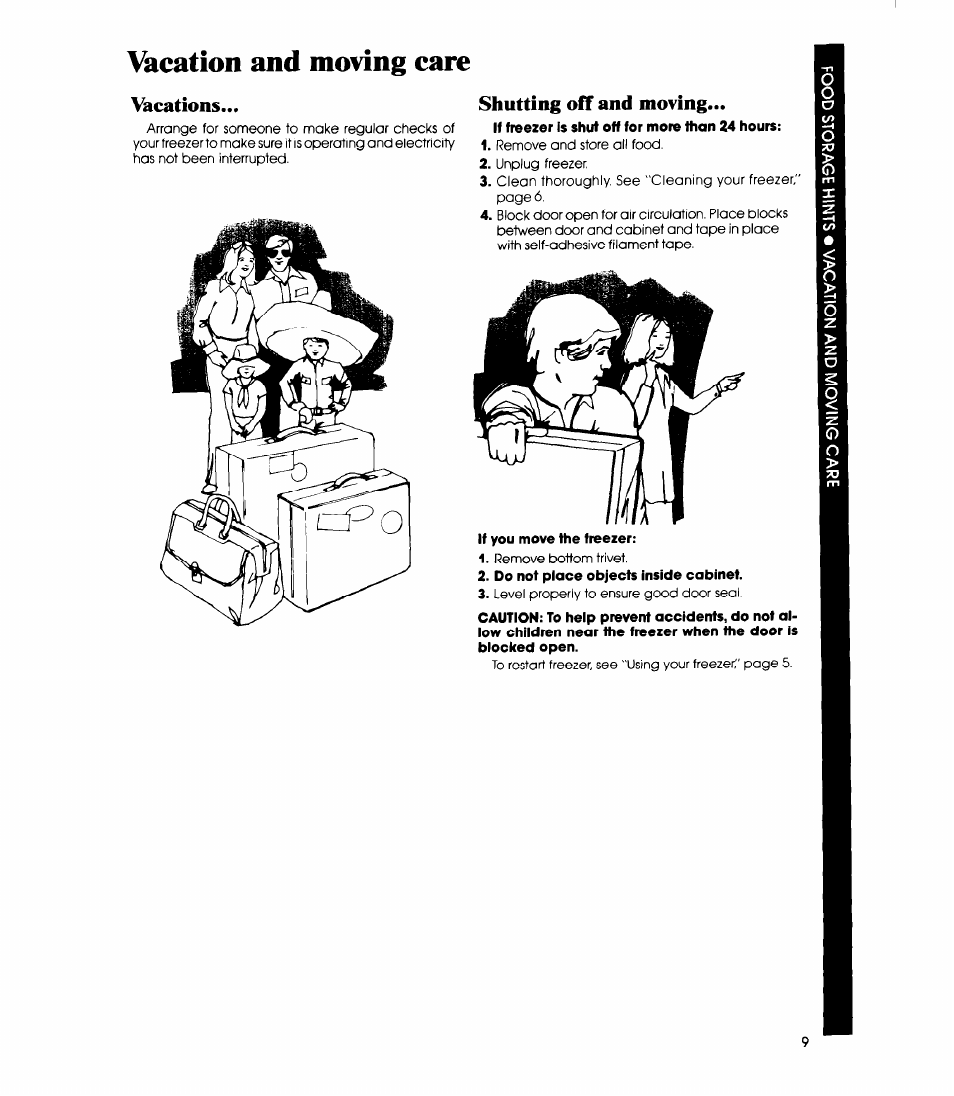 Vacation and moving care, Vacations, Shutting off and moving | Vacations shutting off and moving | Whirlpool EVIIOCXR User Manual | Page 9 / 12