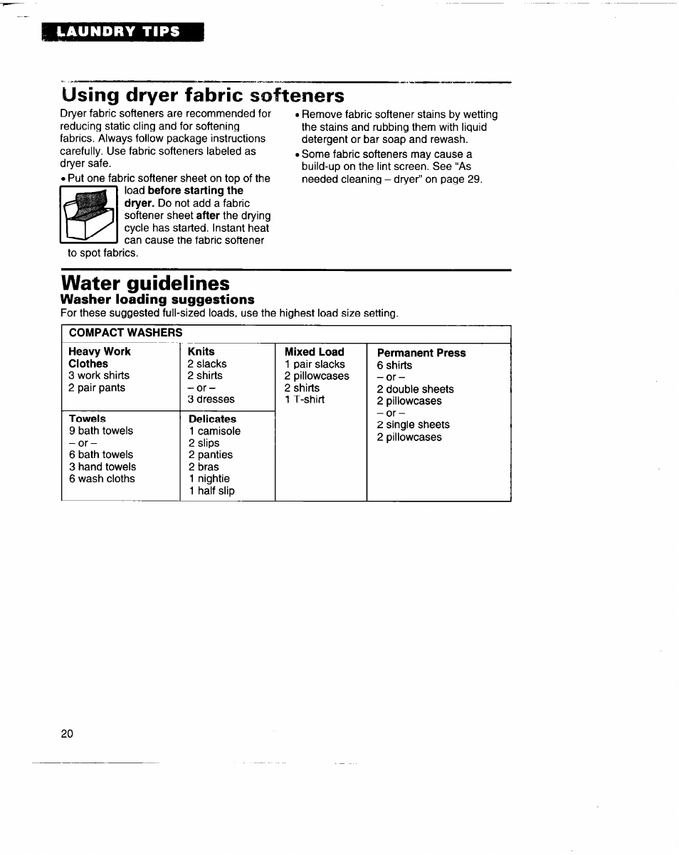 Using dryer fabric softeners, Water guidelines | Whirlpool 3396315 User Manual | Page 20 / 78
