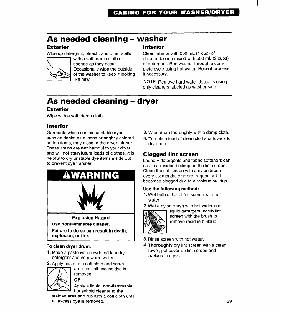 As needed cleaning, Exterior, Washer | Interior, Clogged lint screen, As needed cleaning - washer, Awarning, As needed cleaning - dryer | Whirlpool 3396315 User Manual | Page 29 / 78