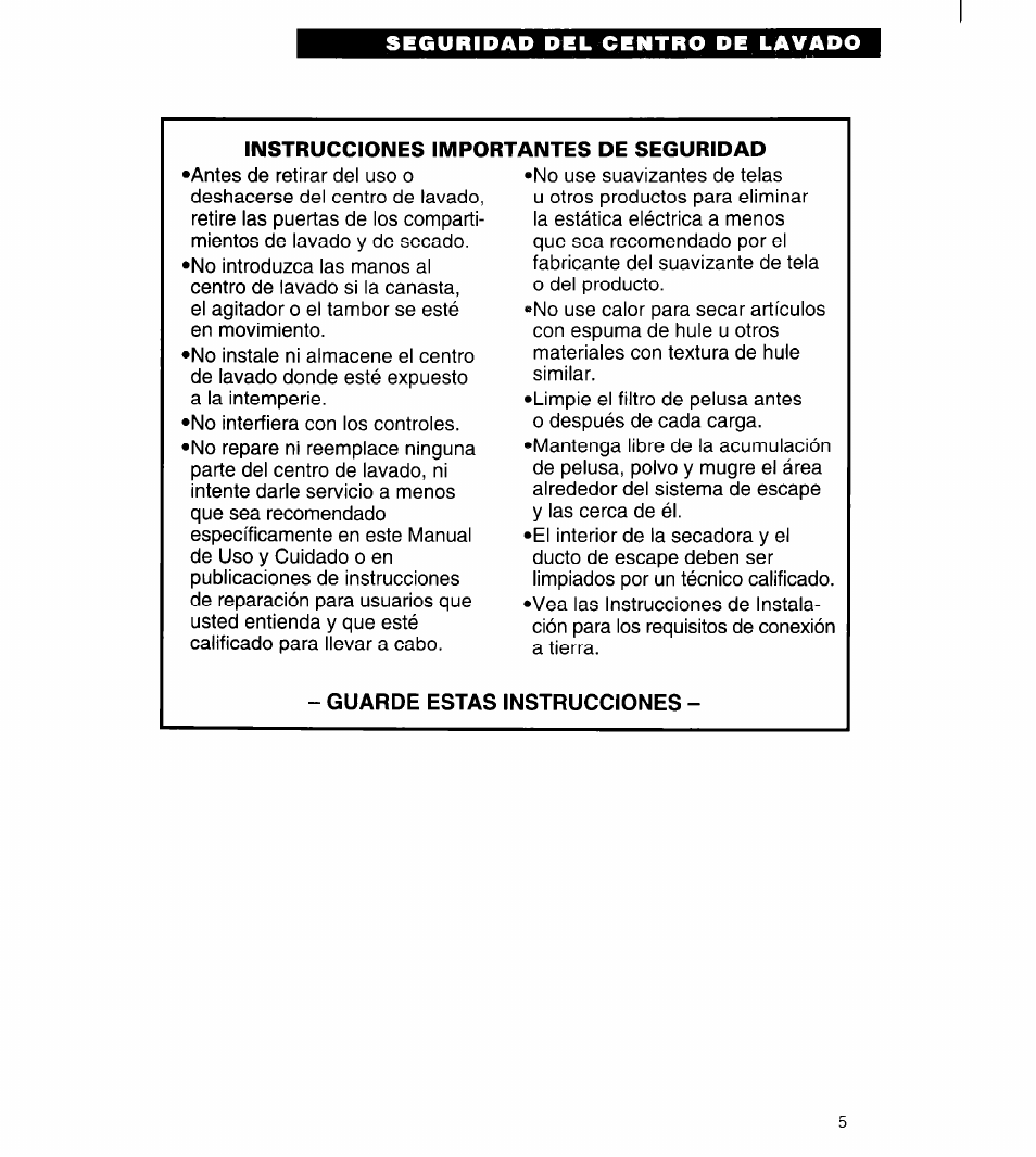 Instrucciones importantes de seguridad | Whirlpool 3396315 User Manual | Page 41 / 78