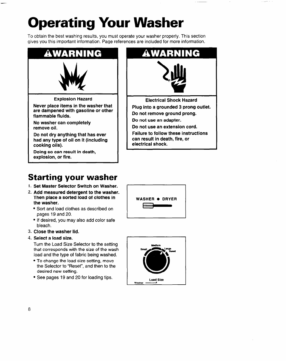 Operating your washer, Starting your washer, Operating your dryer | Starting your dryer, Warning | Whirlpool 3396315 User Manual | Page 8 / 78